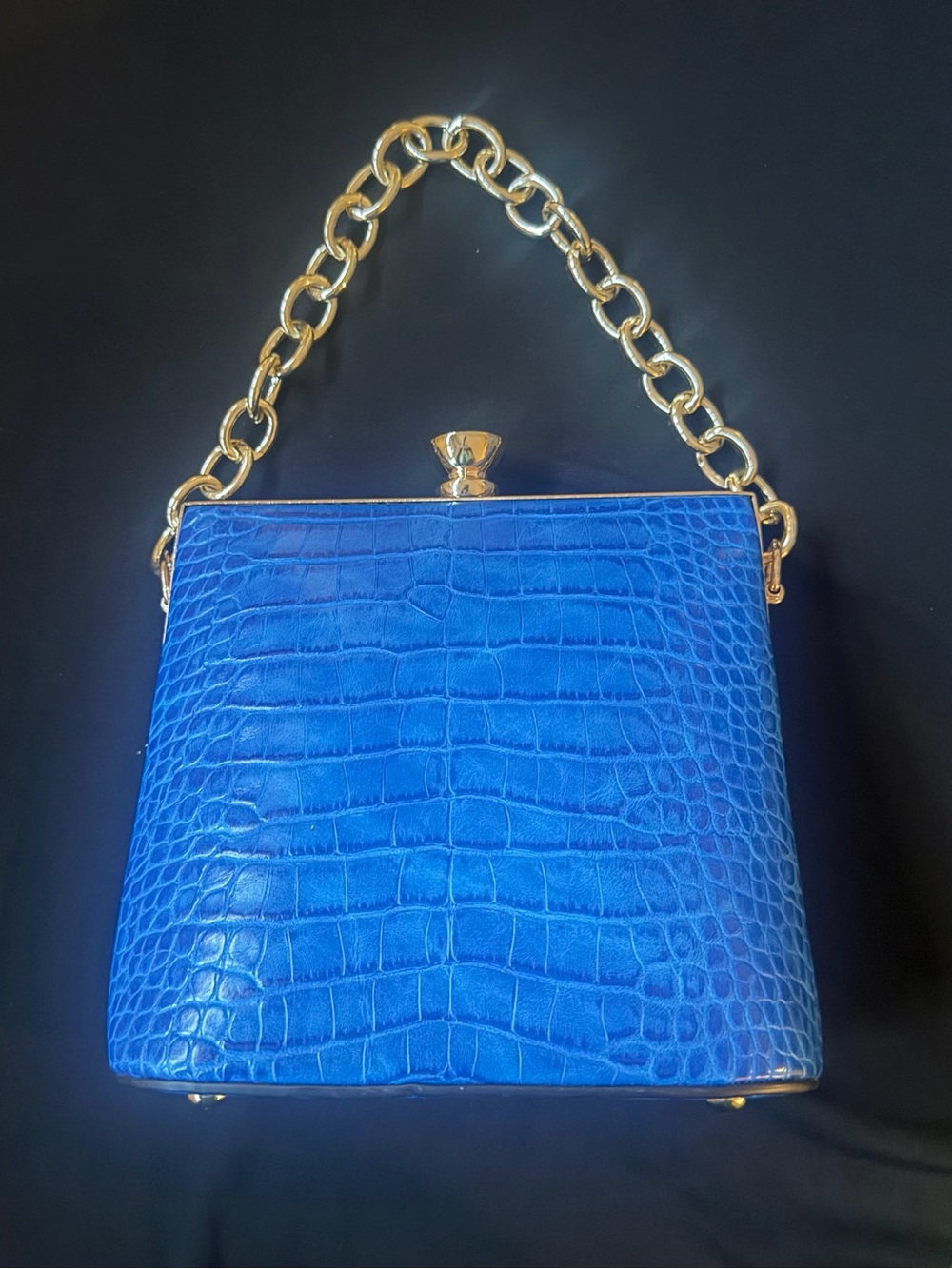 Elegant Blue Croc-Embossed Top-Handle Bag with Gold Chain